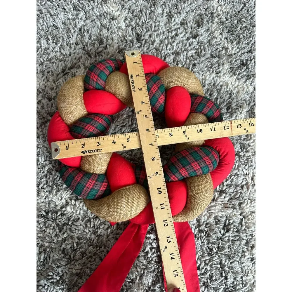 Braided Burlap Fabric Plaid Christmas Wreath Stuffed Handmade Rustic Farmhouse
